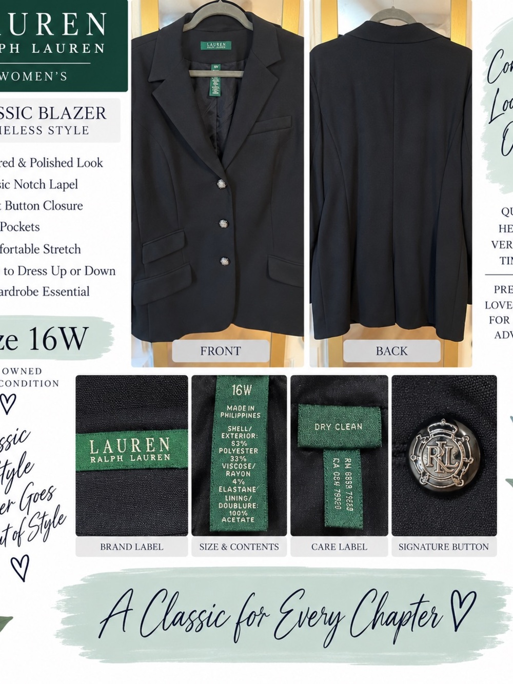 Lauren Ralph Lauren Black Women's Single-Breasted Blazer with Signature Buttons